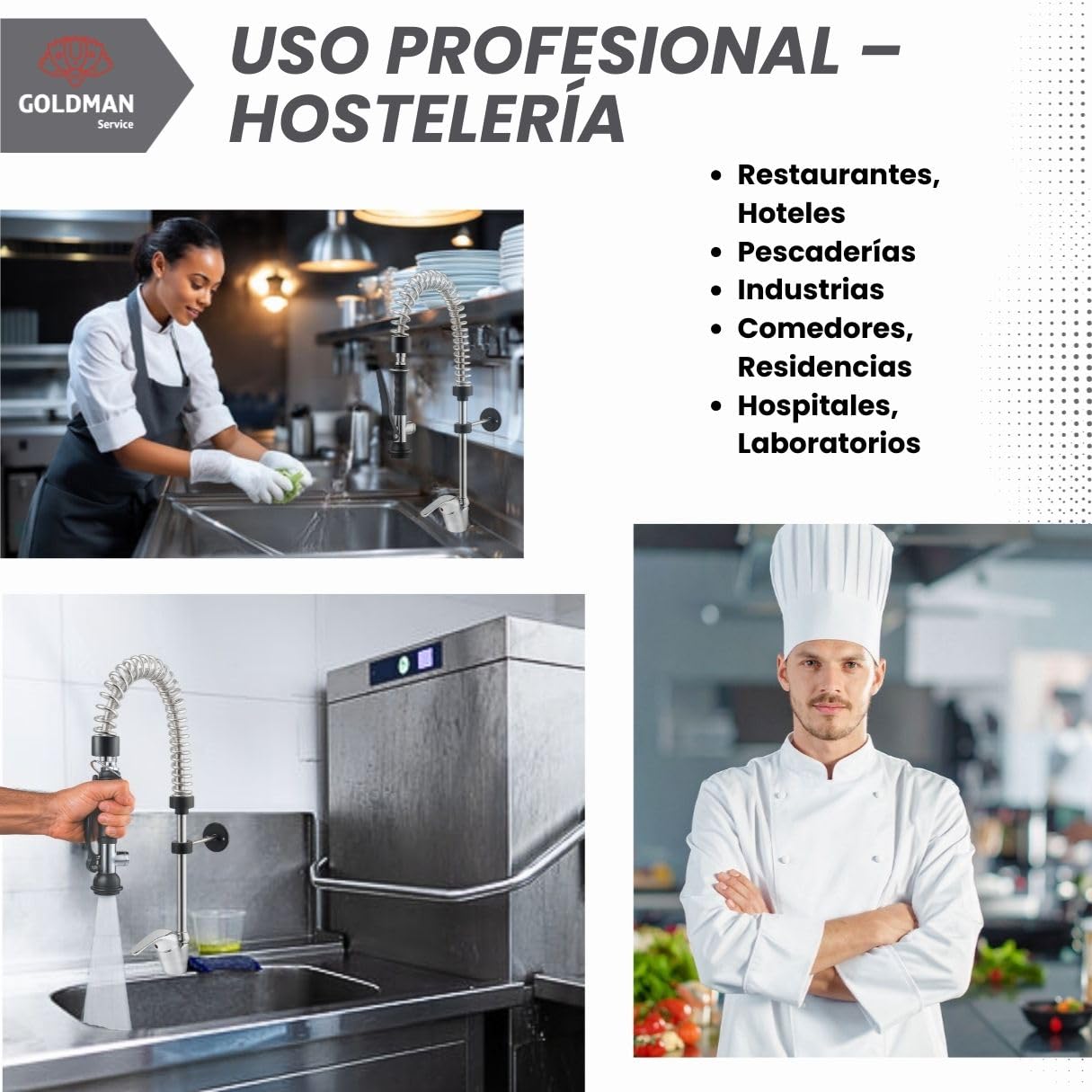 GOLDMAN SERVICE | Grifo Pulverizador Profesional Fregadero Cocina Industrial y Hogar | Mango Ergonómico Eco Saver | Cabezal Rociador Acero Inoxidable Hostelería Restaurantes