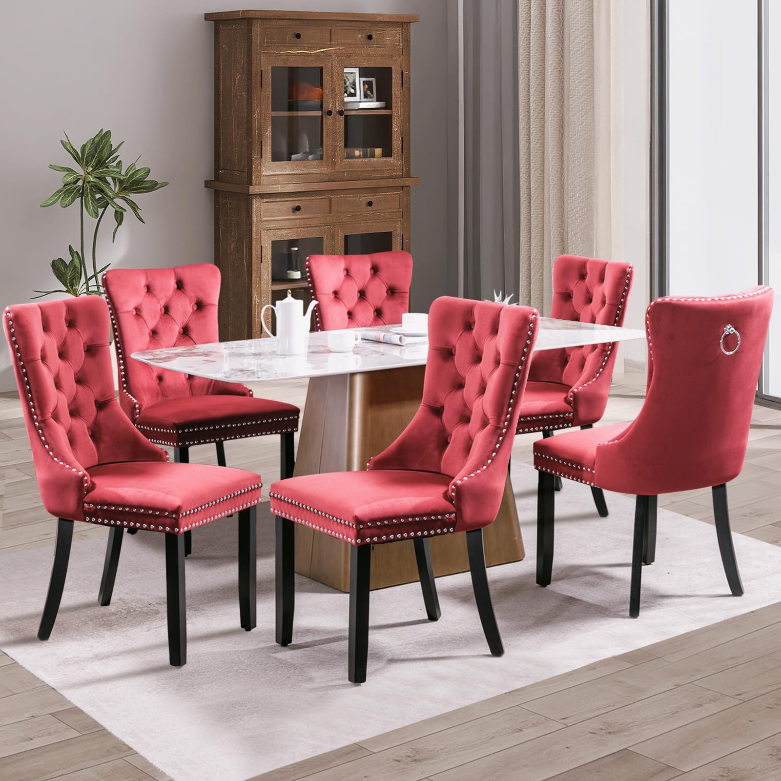 Juego De 6 Sillas De Comedor En Terciopelo Negro | Espaldar Alto Acolchado | Patas De Madera | Capacidad 130 Kg | Fácil Ensamblaje