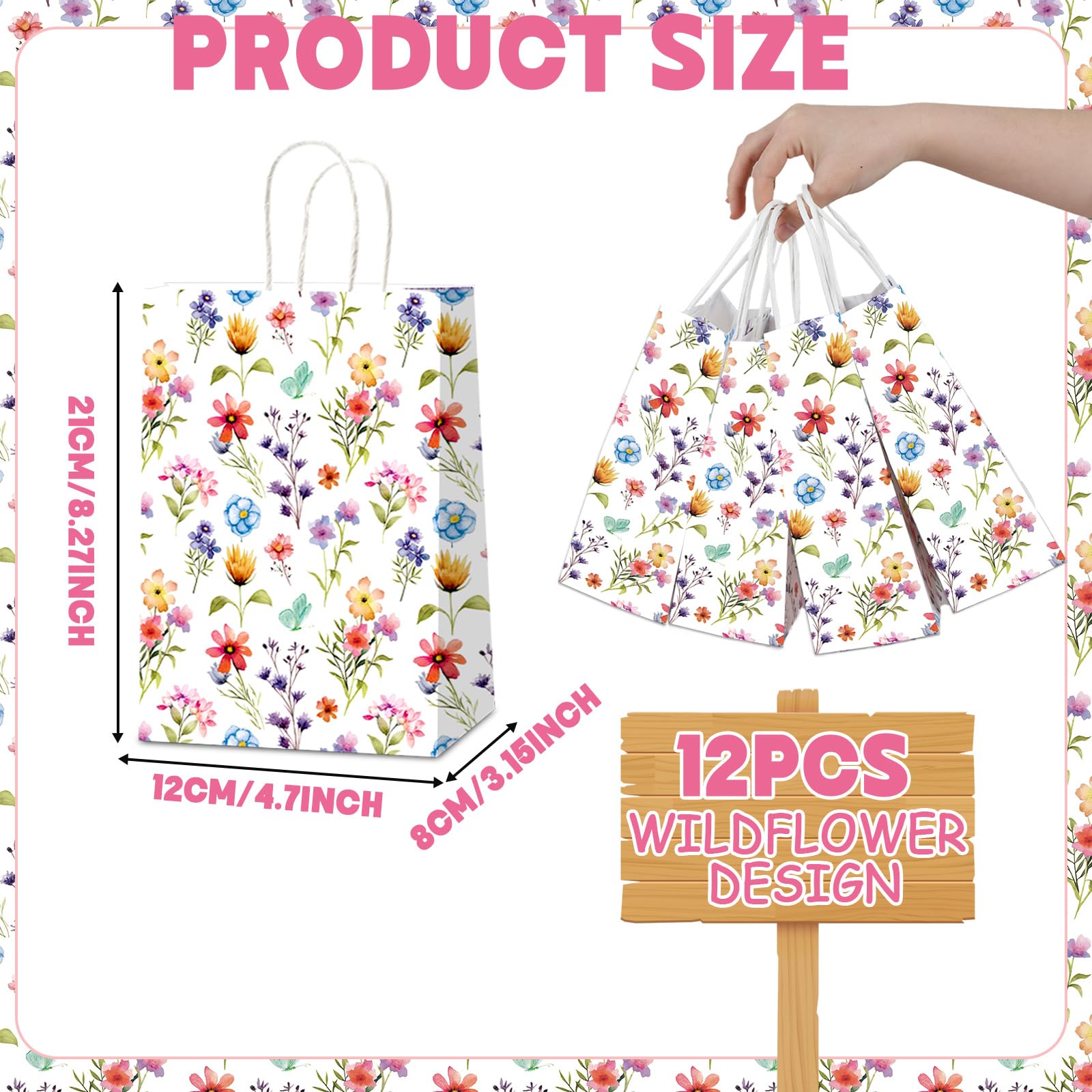 CHUNNIN Wildflower Gift Bags Spring Floral Welcome Flower Party Favors Wildflower Paper Candy Goodie Treat Bags with Handles for Garden Decorations Birthday Tea Bridal Shower Wedding Supplies