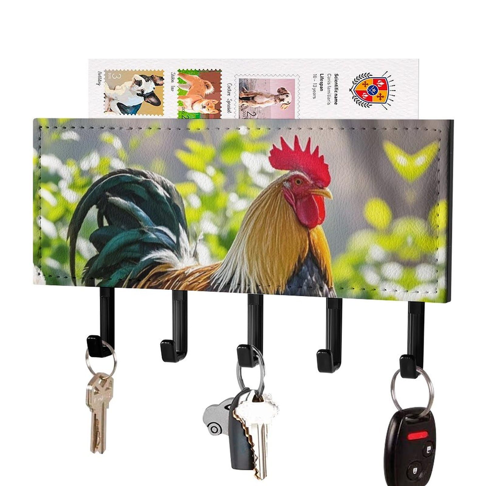 FekiLoot Rooster and Hen Key Holder Wall Mount Key Hanger with 5 Hooks Decorative Key Rack Hanging Key Hooks with Mail Organizer Key Holder for Wall Living Room Kitchen Bathroom Hallway Black