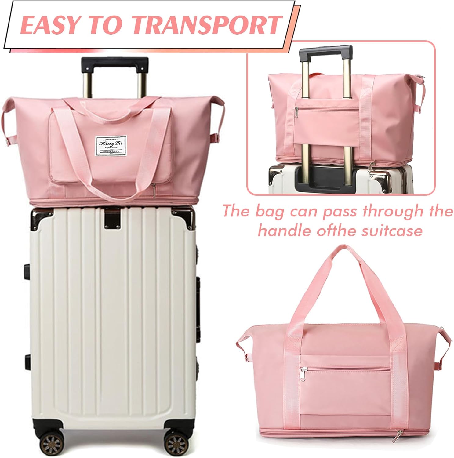 Travel Bag for Women Expandable Weekender Overnight Bag Carry on Sports Tote Gym Bag Waterproof Foldable Duffel Bag (Pink) - Image 5