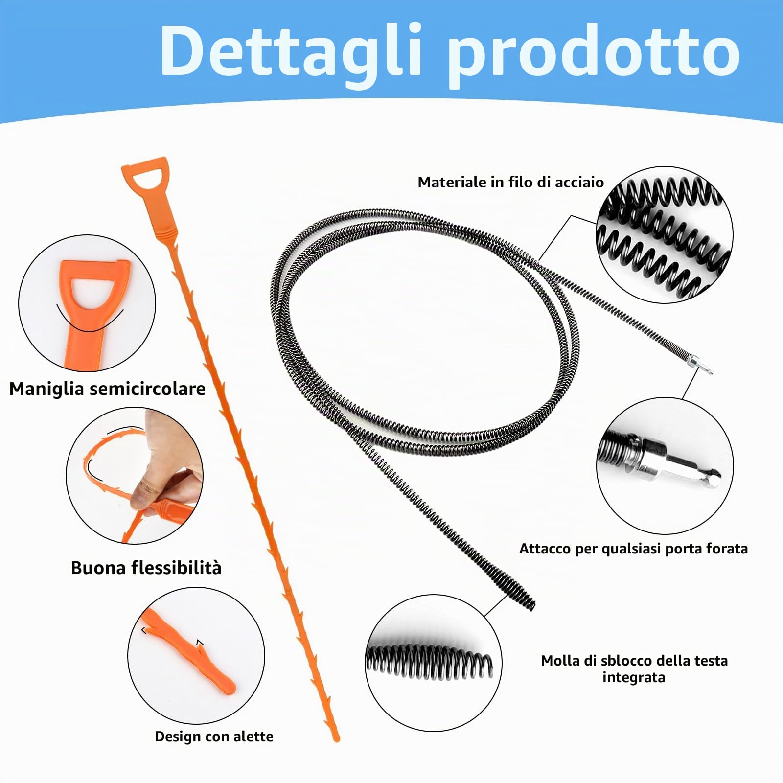 Sonda Sturatubi Spirale Professionale, 3m x 10mm Sonda Pulizia Tubi di Scarico Manuale, Sbloccatore Flessibile di Scarico Forte, Sonda Stura Lavandini per Lavello Doccia Cucina
