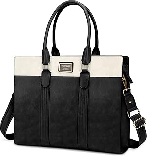 [MOSISO] 女性用 ラップトップケース、PU レザー ラップトップトートワークバッグ、大容量 オフィス 旅行用、二重縦縞 ブリーフケース 撥水 ハンドバッグ ショルダーバッグ