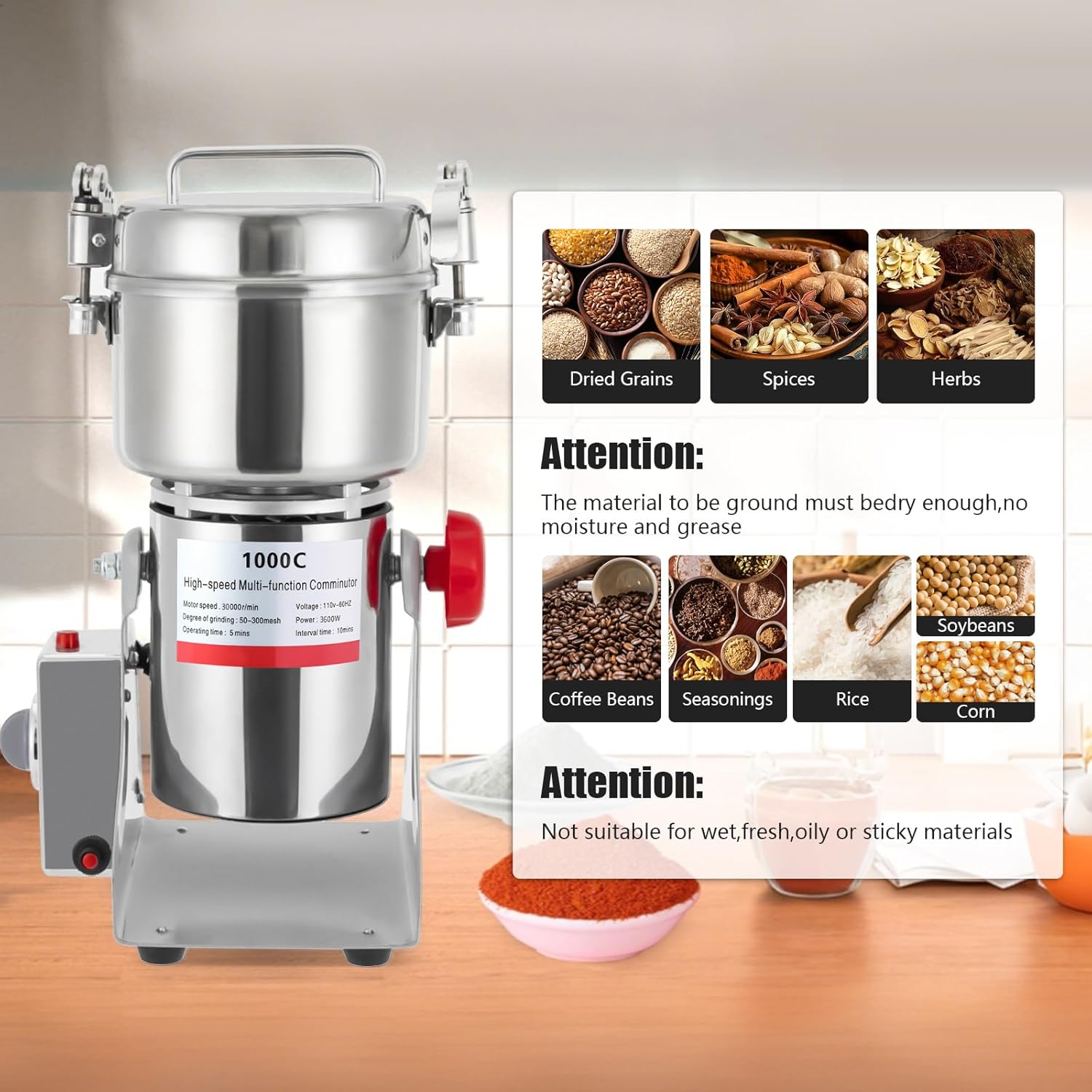 Electric Grain Mill Grinder 1000g, 3600W Stainless Steel Mill Grinder 30000r/min High Speed Food Grain Mill 180° swingable Superfine powder for Home and Commercial
