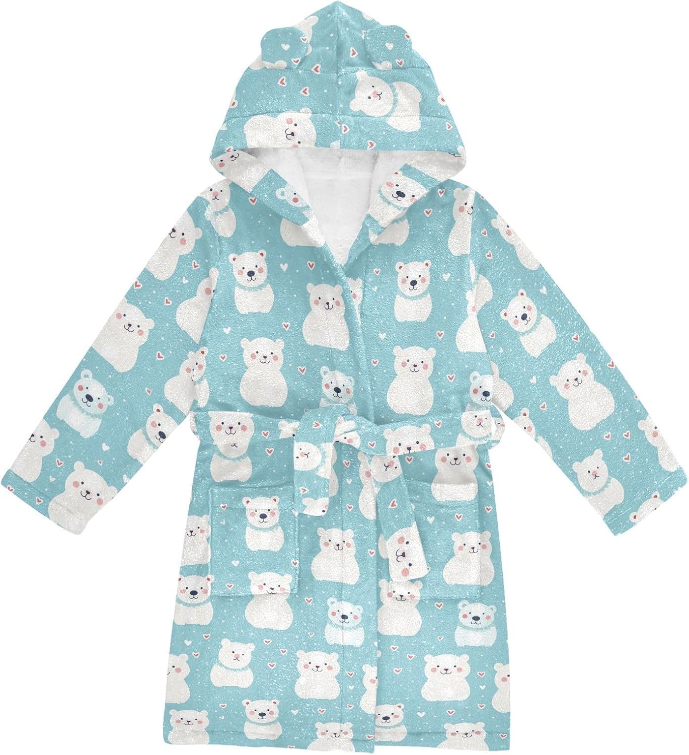 senya White Bear Heart Toddler Hooded Bathrobe Kids Soft Plush Bath Towel Robes for Boys Girls 2-12 Years