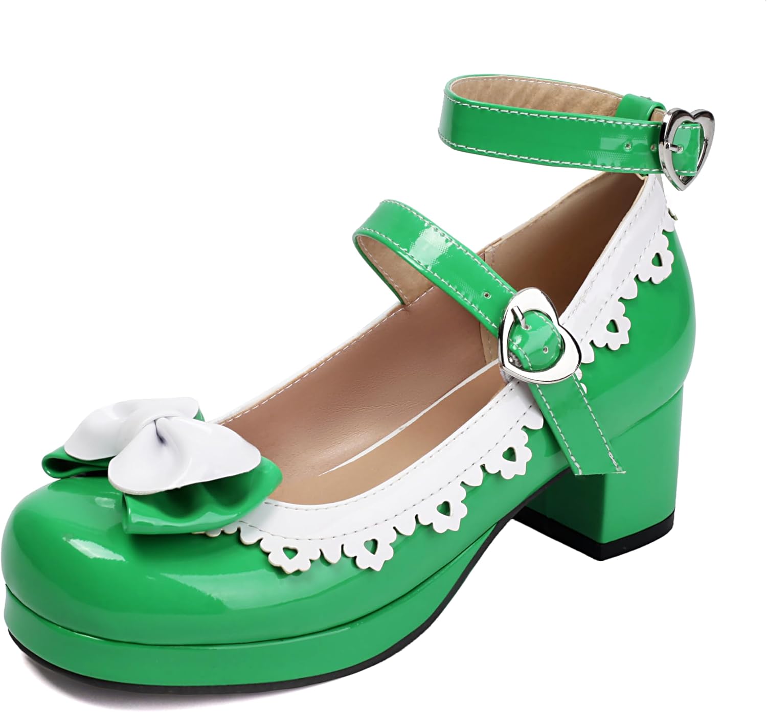 UFEDO Sweet Womens Block Mid Heel Bow Lolita Shoes Buckle Strap Square Toe Cosplay Lace Lolita Mary Janes Shoes