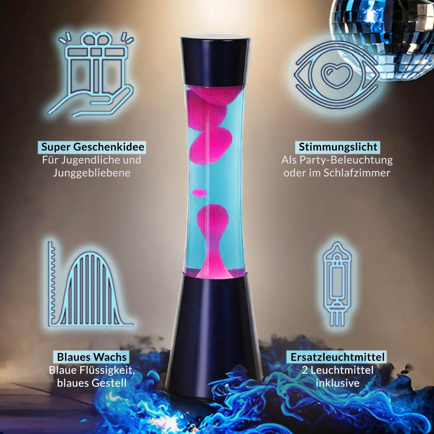 Licht-Erlebnisse Lavalampe Blau Pink, Dekolampe, Retro lampe, Geschenkidee Weihnachten, G9 30 W mit Kabelschalter, inklusive Leuchtmittel, beruhigend, Lavalampe groß