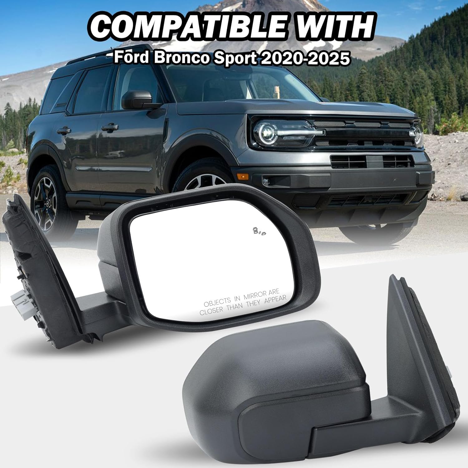 Passenger Side Mirror Compatible With 2021 2022 2023 2024 2025 Ford Bronco Sport Mirrors with Power Heated Glass Blind Spot Detection Manual Folding Texture Black（7 Pins）
