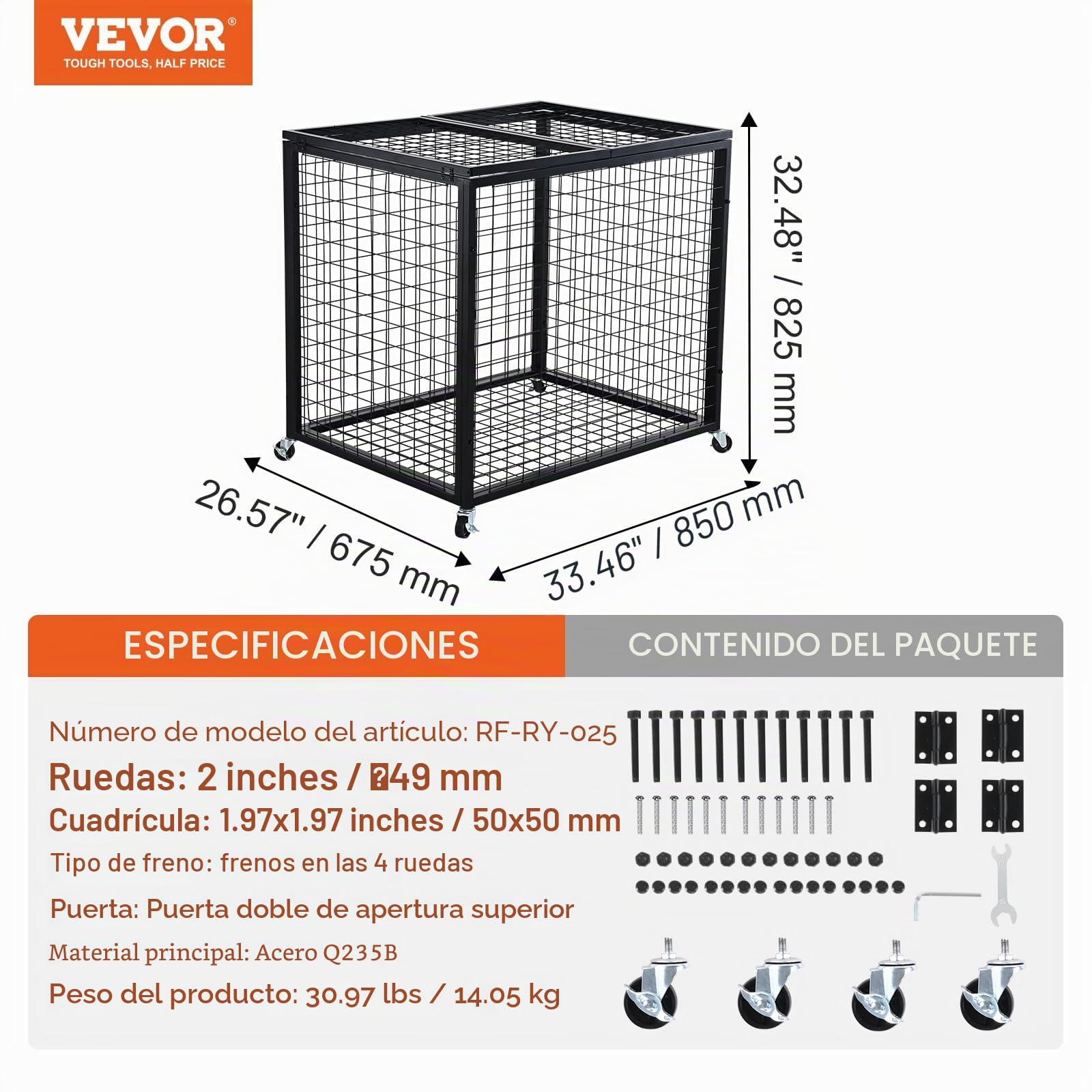 VEVOR Carro de Bolas con Cerradura 85x67,5x82,5 cm Jaula Móvil de Almacenamiento de Bolas con 4 Ruedas de Acero y Frenos Organizador para Equipo Deportivo Gimnasio Escuela Garaje Interior Exterior