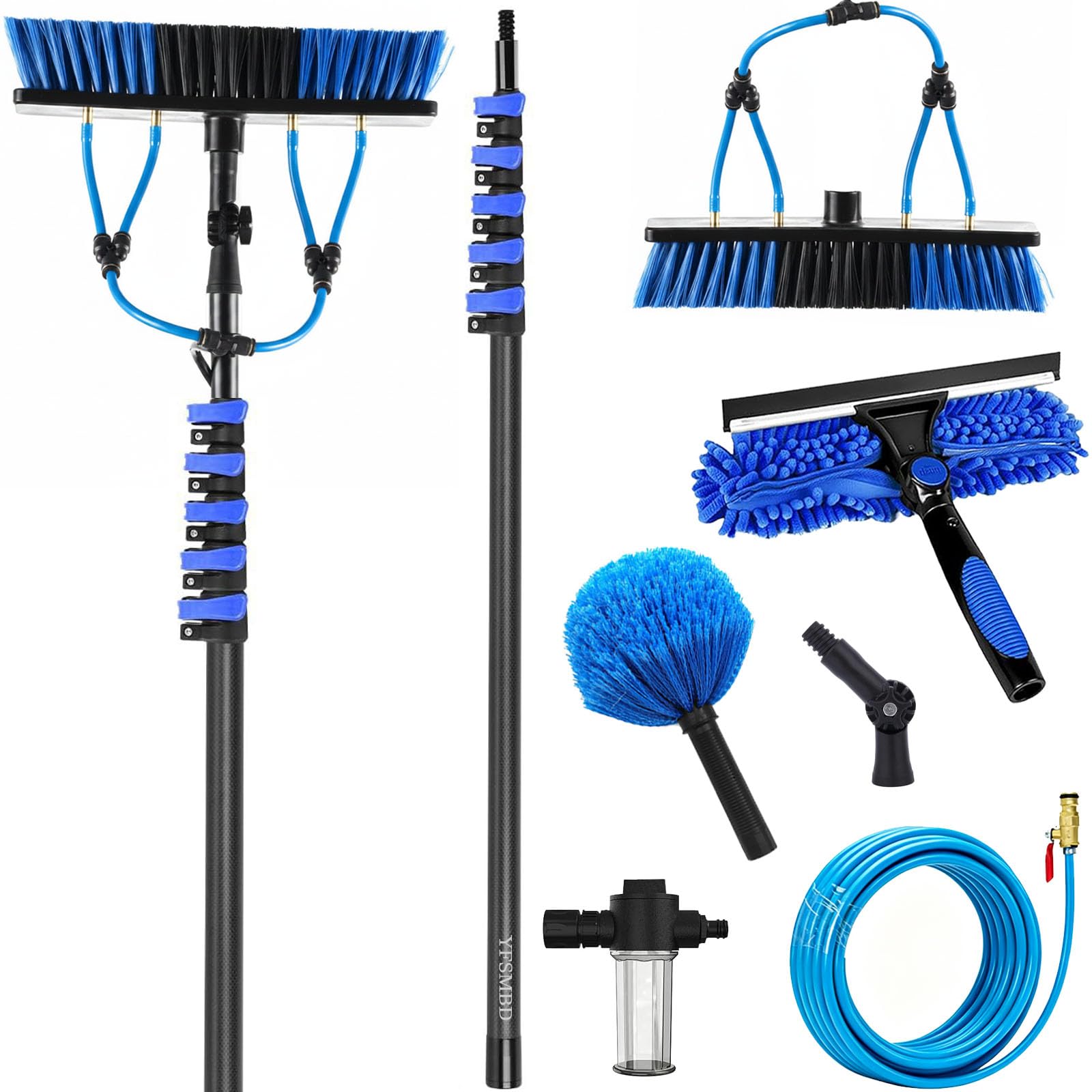 Kit Limpieza Placas Solares 3,6-20m | Pértiga Telescópica de Fibra de Carbono con Cepillo, Limpiacristales y Plumero | Depósito de Jabón | Limpieza Paneles Fotovoltaicos, Techo (35cm Cepillo,9m)