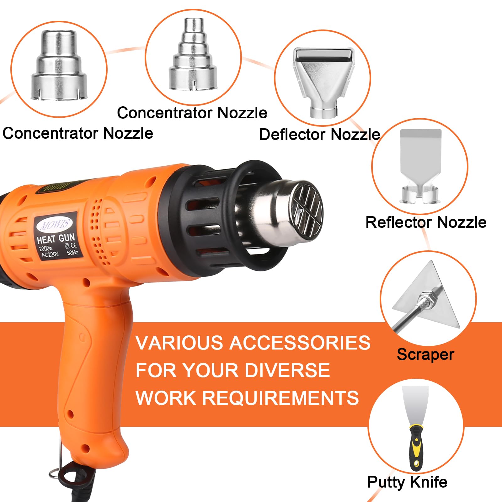 2000W Pistola ad Aria Calda MOWIS Professionale Pistola Termica con LCD Display 600°C Temperatura Regolabile, Per restringere il PVC, accendere il carbone, rimuovere la vernice, Arancione