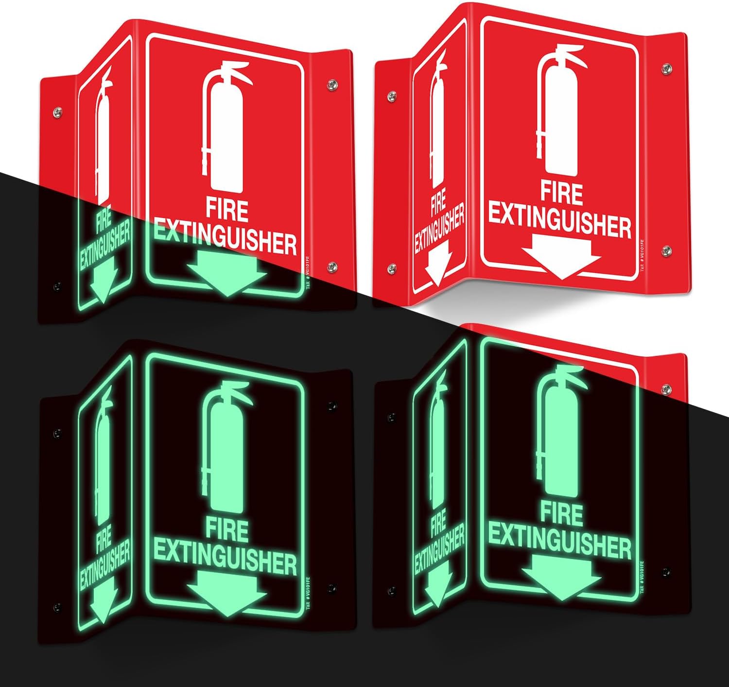 T&R Fire Extinguisher Sign, Fire Extinguisher with Down Arrow - 4 Pack - 8 x 6 Inches Glow-In-The-Dark Acrylic, 4 pre-drilled holes, Includes Matching Screws, Use for Home Office/Business