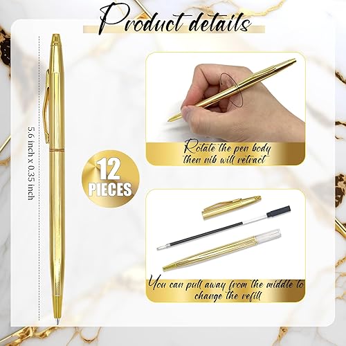 Miniatura 2 de 12 bolígrafos delgados de tinta azul dorada de 0.039 pulgadas (0.039 in), para suministros de oficina de negocios (estilo clásico)