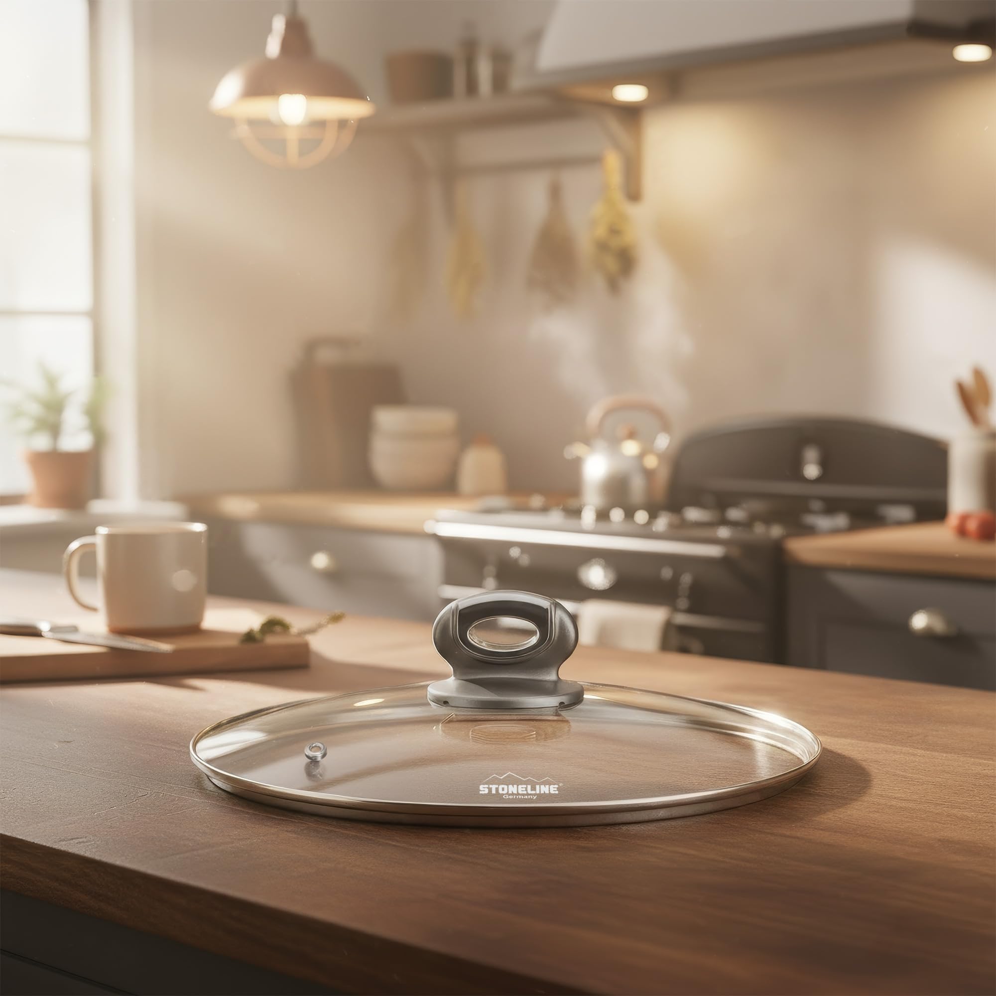 STONELINE GOURMUNDO Tapa para Cacerola Olla Sartén 30 cm Tapa de Cristal con Borde de Acero Inoxidable, Tapa Redonda con Válvula de Salida, Tapa Universal Recambio Tapadera Accesorio Cocina