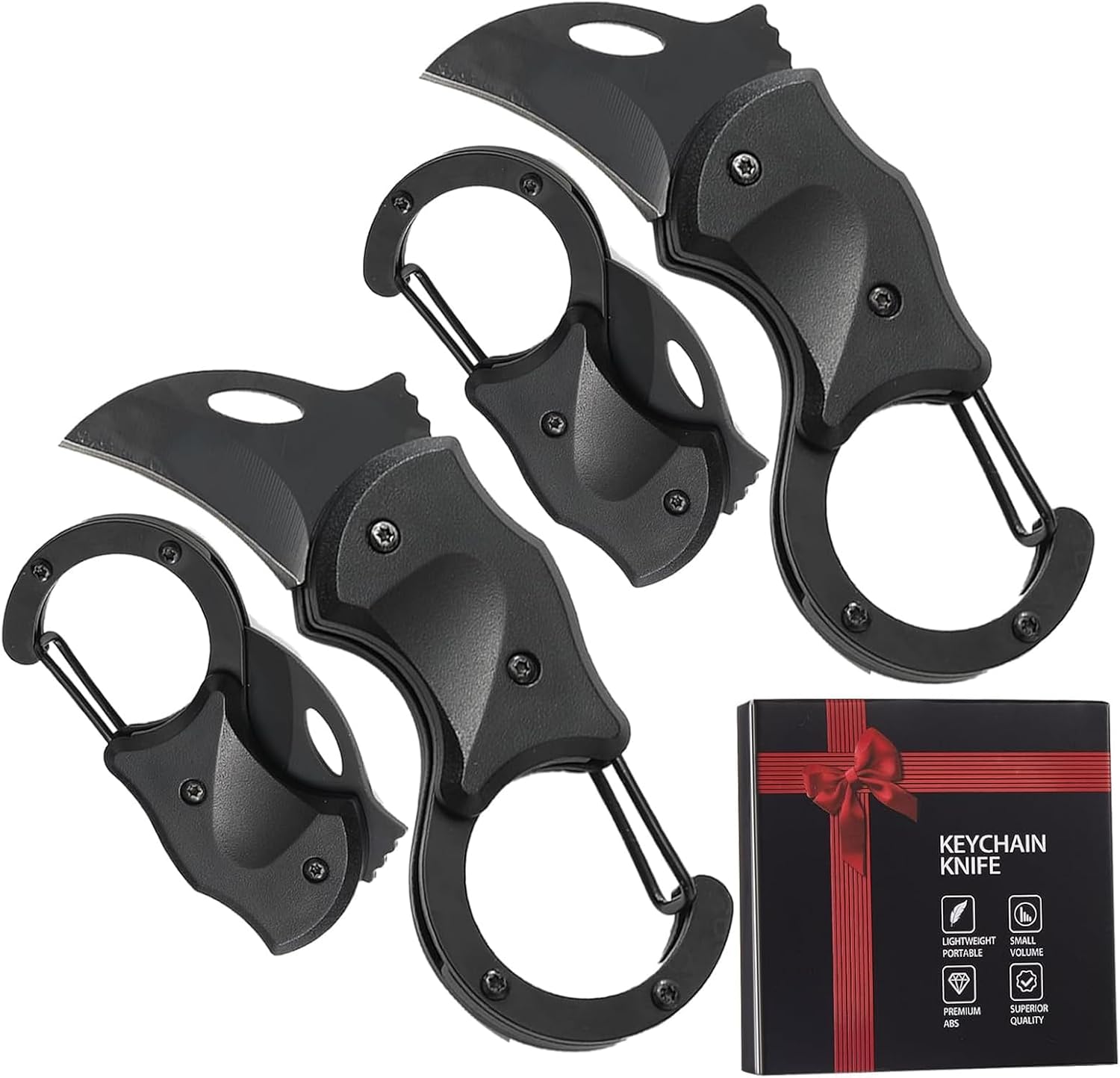Small Pocket Knife, Presents for Males Dad Brother, Self Protection Keychain for Males, 2 Pack Carabiner Small Pocket Knife with Stainless Metal Blade, Mini Folding Knife, Black