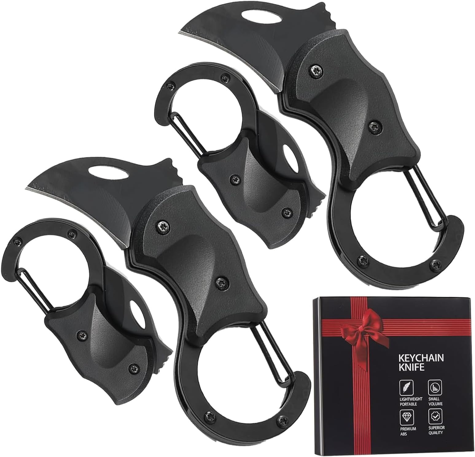 Small Pocket Knife, Gifts for Men Dad Brother, Self Defense Keychain for Men, 2 Pack Carabiner Small Pocket Knife with Stainless Steel Blade, Mini Folding Knife, Black