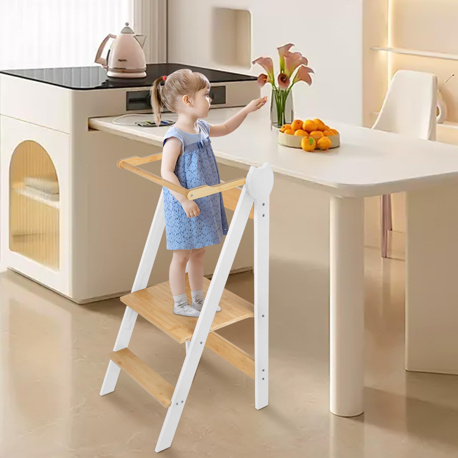 Tour d Observation Enfant Montessori, Tour d'apprentissage à partir de 1 an, Sûr et réglable en Hauteur, Pliable, 88 * 45 * 45cm, Blanc Café