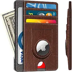 Carteira fina minimalista com bolso frontal com suporte embutido para AirTag, carteira de couro com 7 compartimentos com suporte para AirTag, cartão de crédito com bloqueio de RFID, Marrom
