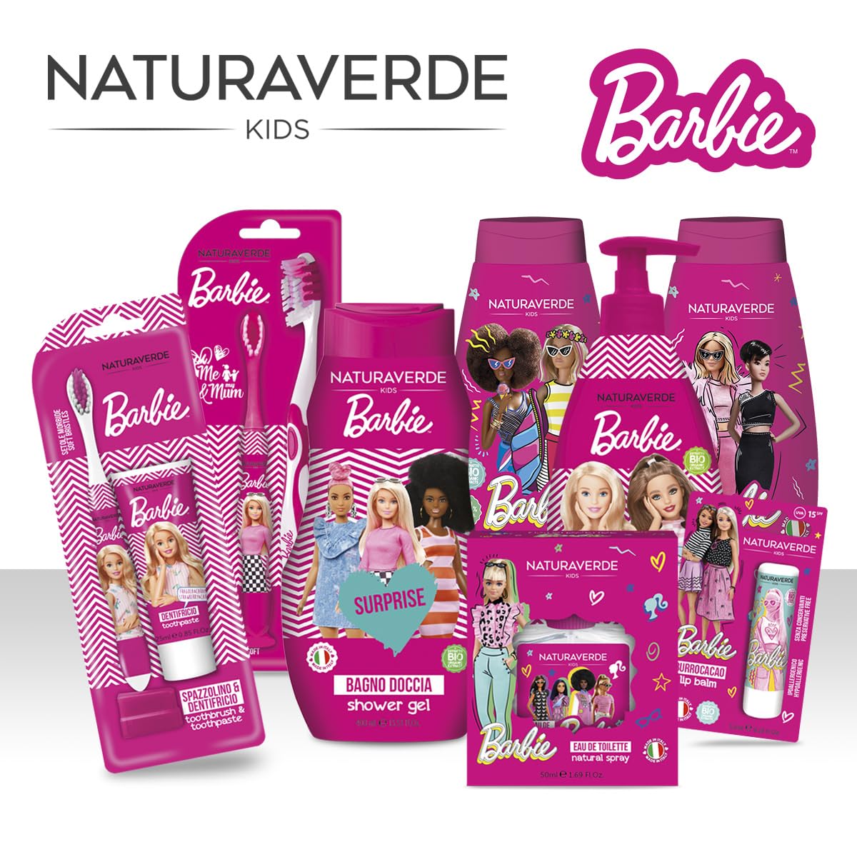 Naturaverde | Barbie Bagnoschiuma 250 ml, Formula Delicata con Estratto di Camomilla Biologica per l' Igiene Sicura dei Bambini