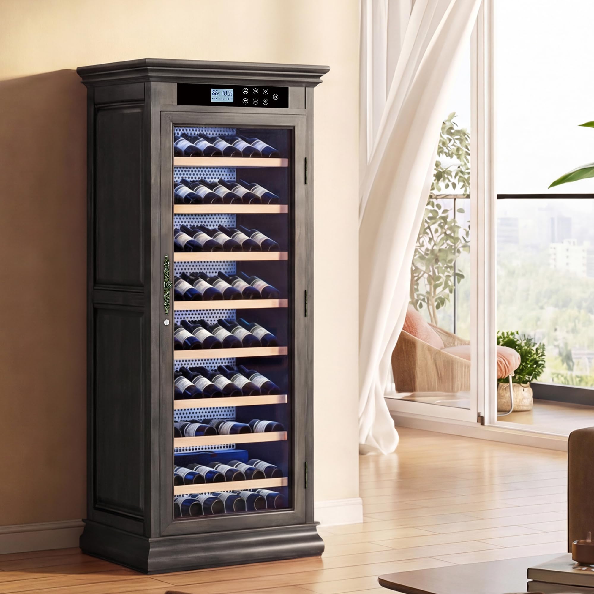 Wine Cooler 10.6 ft³ Capacity Coffee Wood Exterior with LED Touchscreen