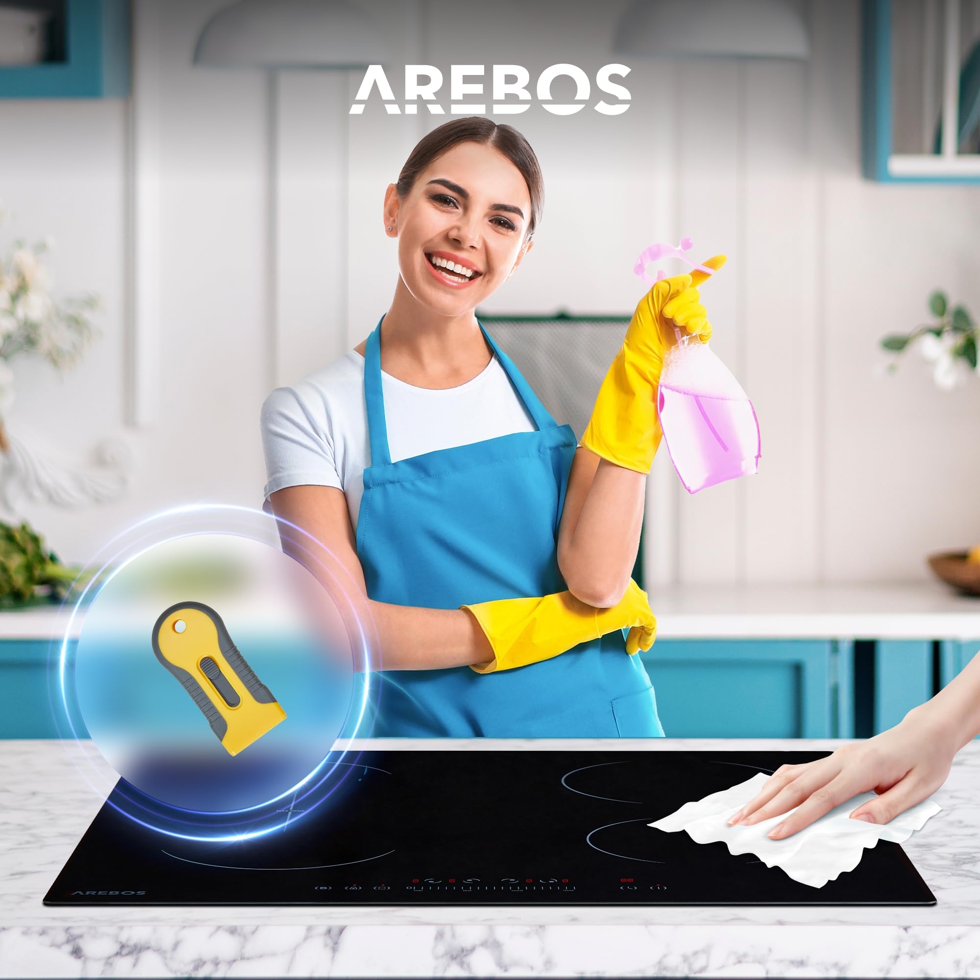 Arebos Induktionskochfeld mit Booster-Funktion | 7200 W | 4 Kochfelder Flexzone | 59 cm | Autark Schnellaufheizung | mit Sensor Touch, Timer, Kindersicherung, Überhitzungsschutz, Autoabschaltung