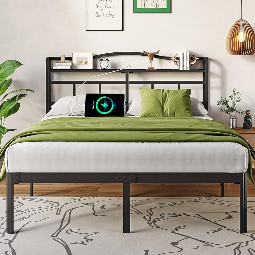 King Bed Frame - King Bed Frame with Headboard and USB & Type C Charging Station, Heavy Duty Metal Bed Frame No Box Spring Needed with Ample Storage Space - Easy Assembly and Noise Free