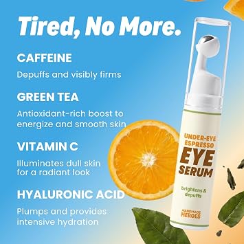 Handmade Heroes Caffeine Eye Serum for Puffiness with EGCG Vitamin C | Cooling Roll On, Hydrating Eye Brightening Cream for Dark Circles & Tired Eyes, On The Go Depuffing, Vegan, Cruelty-Free