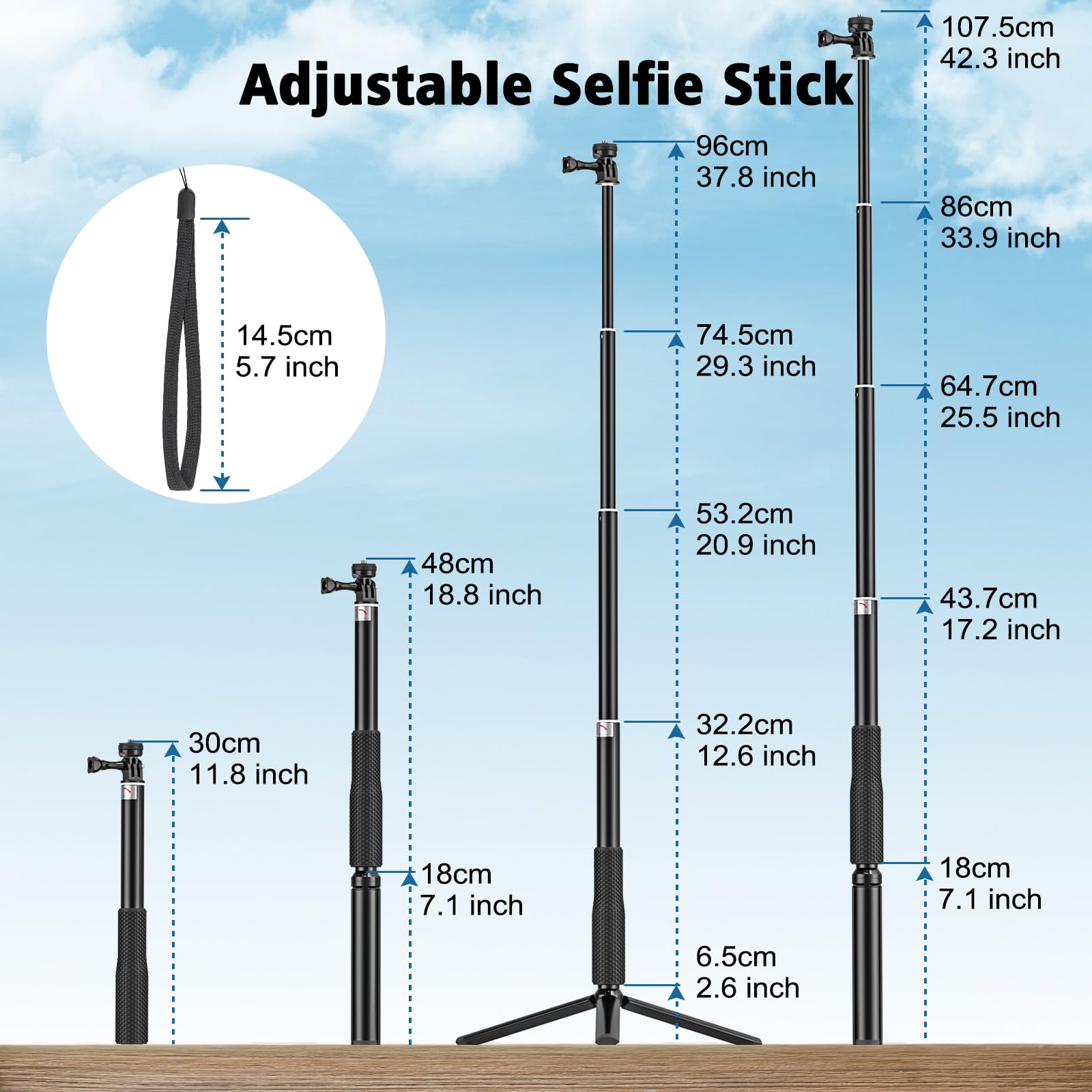 Wiseten Perche à Selfie 94cm avec Trépied pour GoPro Insta 360 X5 X4 X3 | Monopode Télescopique pour DJI Osmo Pocket 4 3 GoPro Hero 13/12/11/10/9/8/Max Caméras d'Action