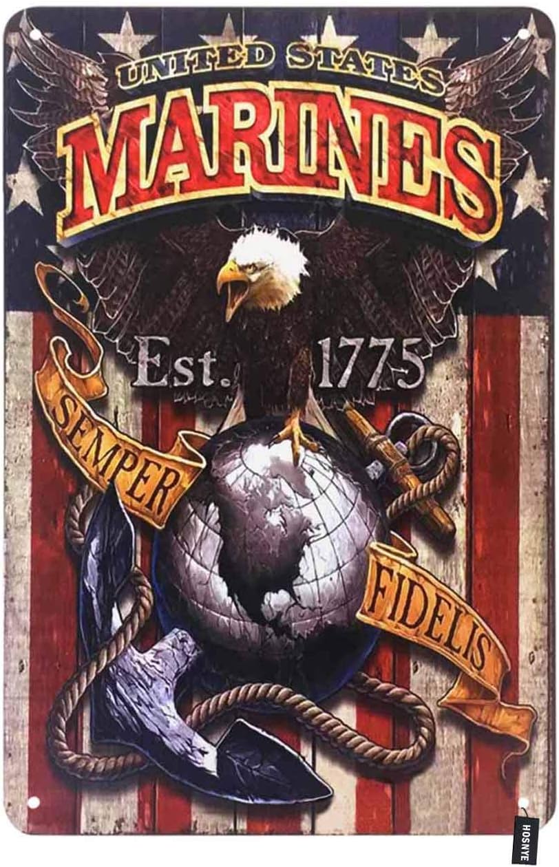 HOSNYE United States Marines Tin Sign Cool Eagle on American Flag Vintage Metal Tin Signs for Men Women Wall Art Decor for Home Bars Clubs Cafes 8x12 Inch