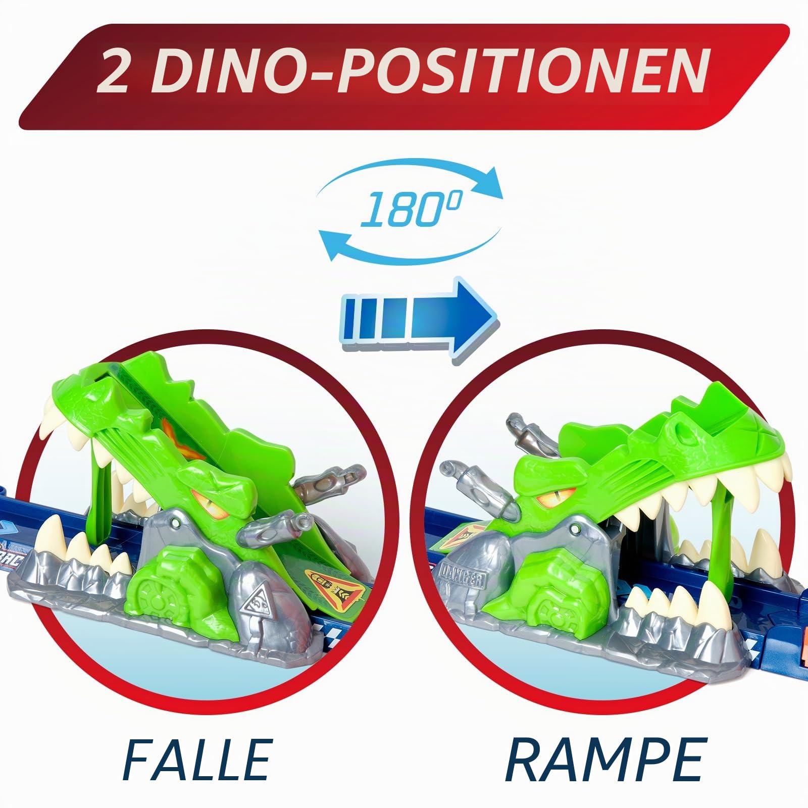 T-Racers Mix 'N Race Volcanosaurus Piste für Spielzeugautos, enthält 1 Auslöser, 3 Pisten, 1 Exklusives Nitro Rex Auto und 4 Stunts