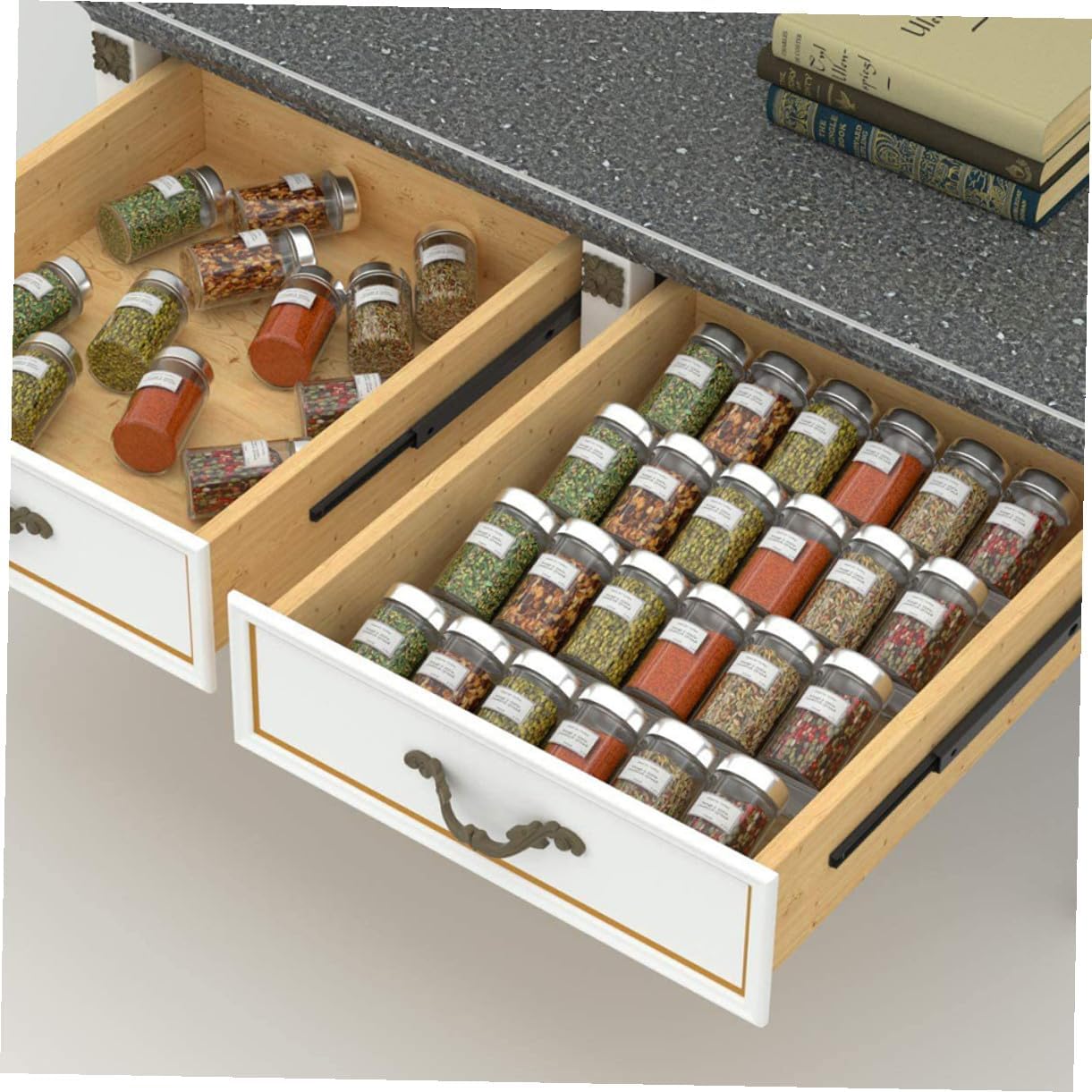 Expandable Acrylic Spice Bottle Rack Drawer Organizer Tiered Seasoning Storage for Kitchen Countertop