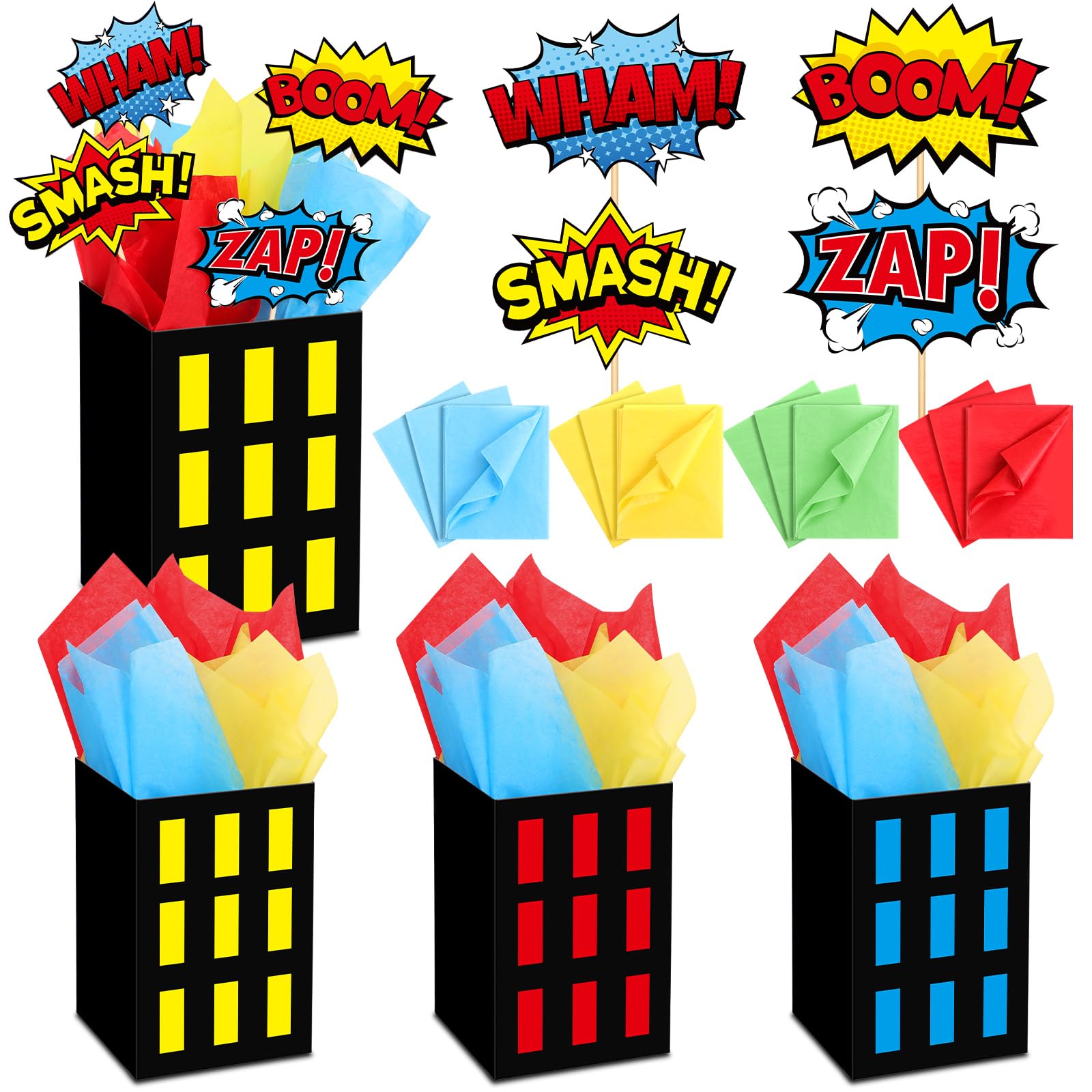 Weekgrat 8 Sets Hero Theme Party Decoration Hero Boxes Centerpiece (7.9 x 5.1 x 5.1 Inch) Sticks with Tissue Paper Standing Cards Birthday Baby Shower