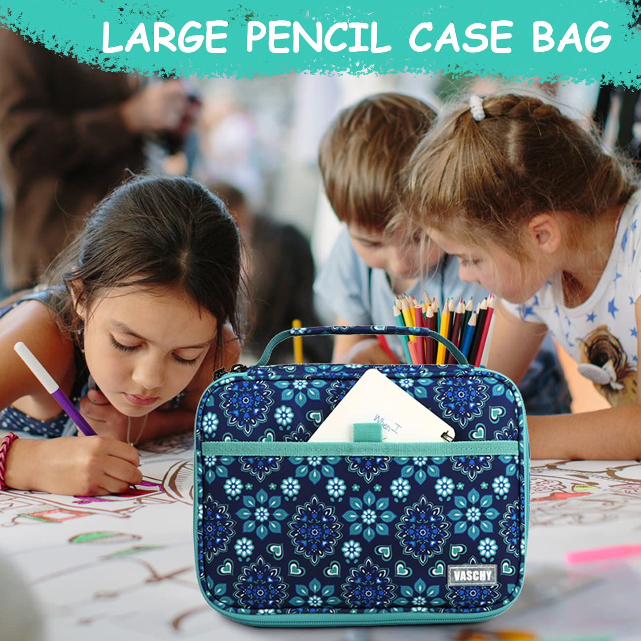 VASCHY Große Federmäppchen, Multi Fächer Mäppchen Organizer 72 Stück Etui Schule Federmappe Federtasche Maeppchen für Jungen Mädchen Blaue Blüten