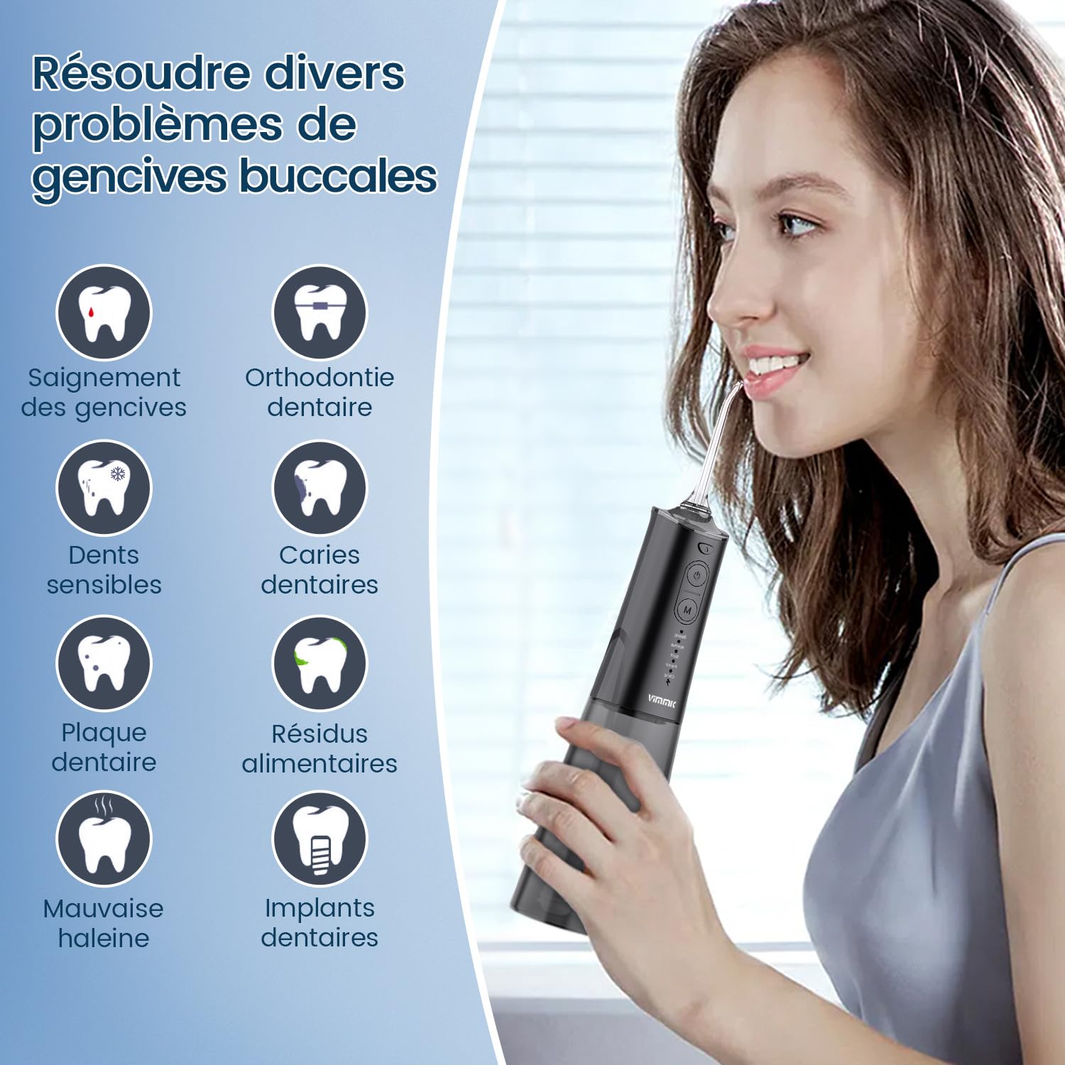 VIMMK Jet Dentale Idropulsore e Irrigatori Orali con 5 modalità di pressione dell'acqua e 8 punte sostituibili, ricaricabile e impermeabile IPX7, serbatoio 300 ml (nero)