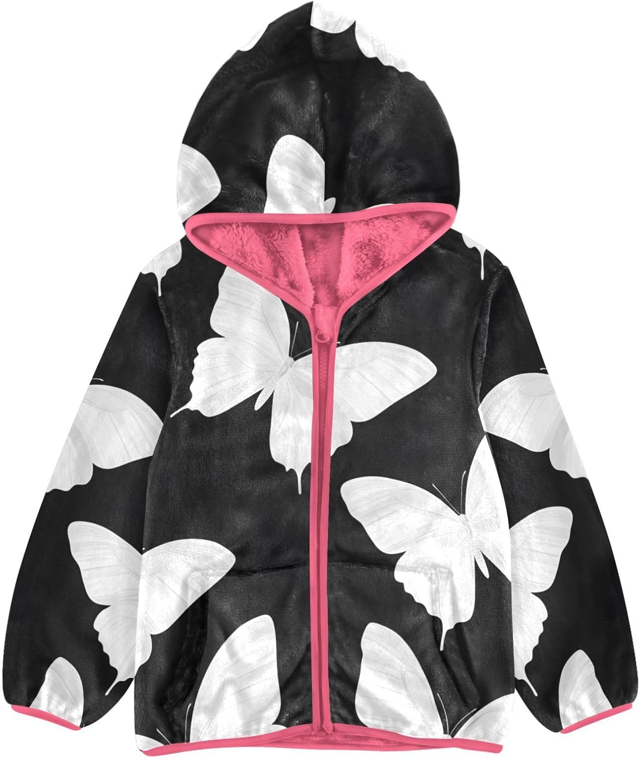 ALAZA White Butterfly Black Background Hoodie Jacket for Girls Toddler Fleece Zip Up Coat Plush Jacket for 3 Years
