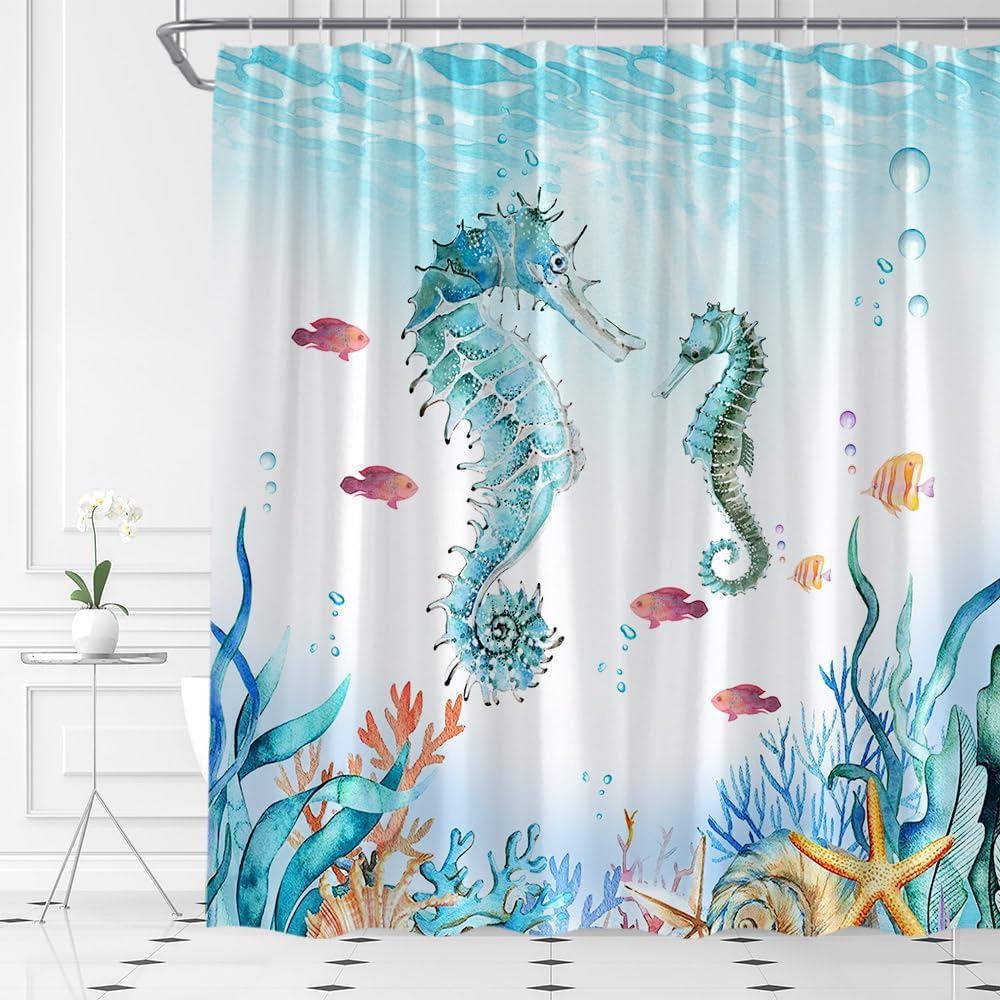 Seahorse Shower Curtain Nautical Coastal Beach Ocean Blue Coral Underwater Marine Life Home Fabric Bathroom Decor Set Include Hooks,(78" Wx70 H)