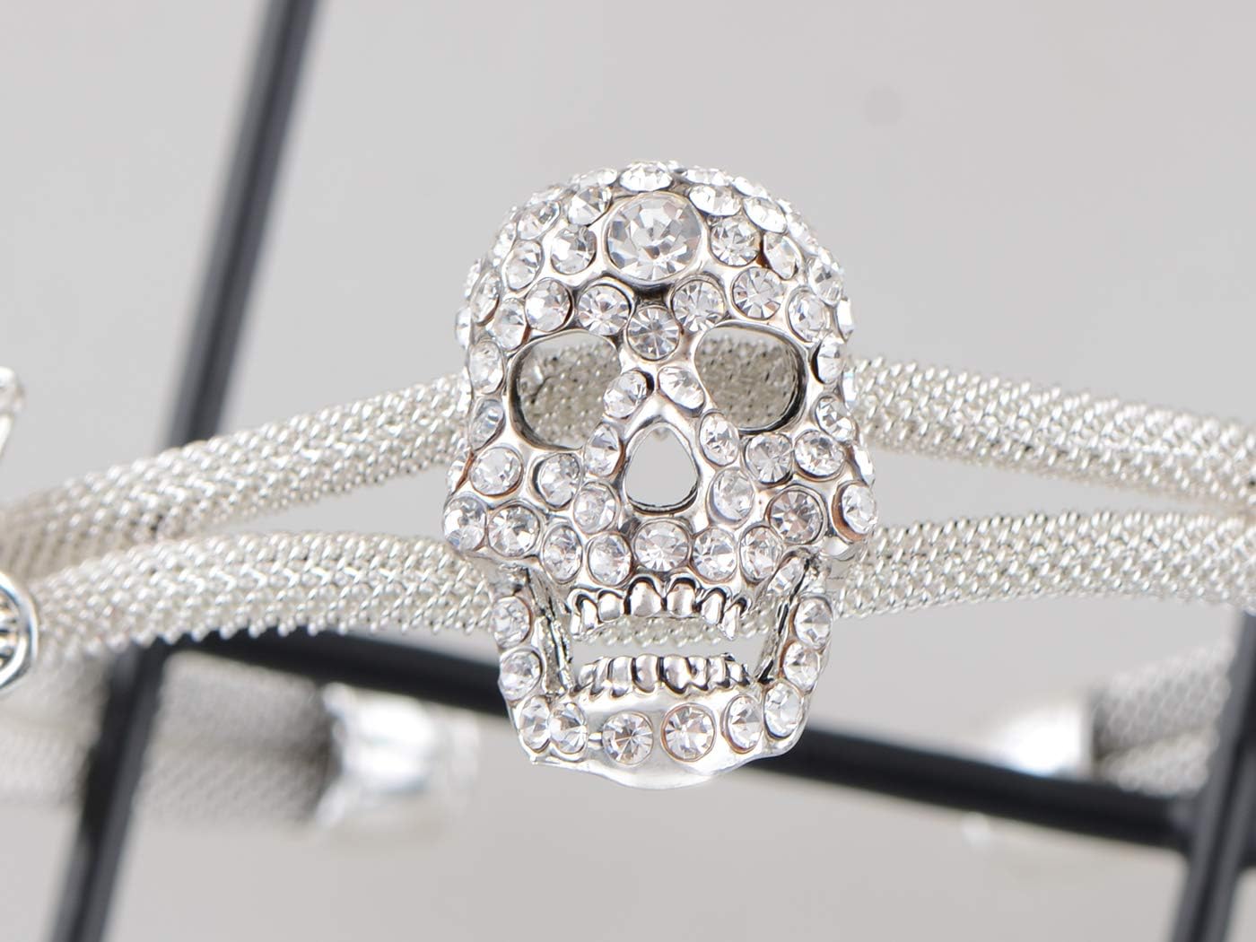 Alilang Womens Jewelry Gothic Punk Skull Floral Halloween Rhinestone Gray Silver Cuff Bracelet - Image 5