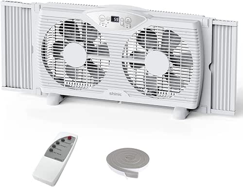 shinic Twin Window Fan, 9-Inch Blades Reversible Airflow, Thermostat Control,
