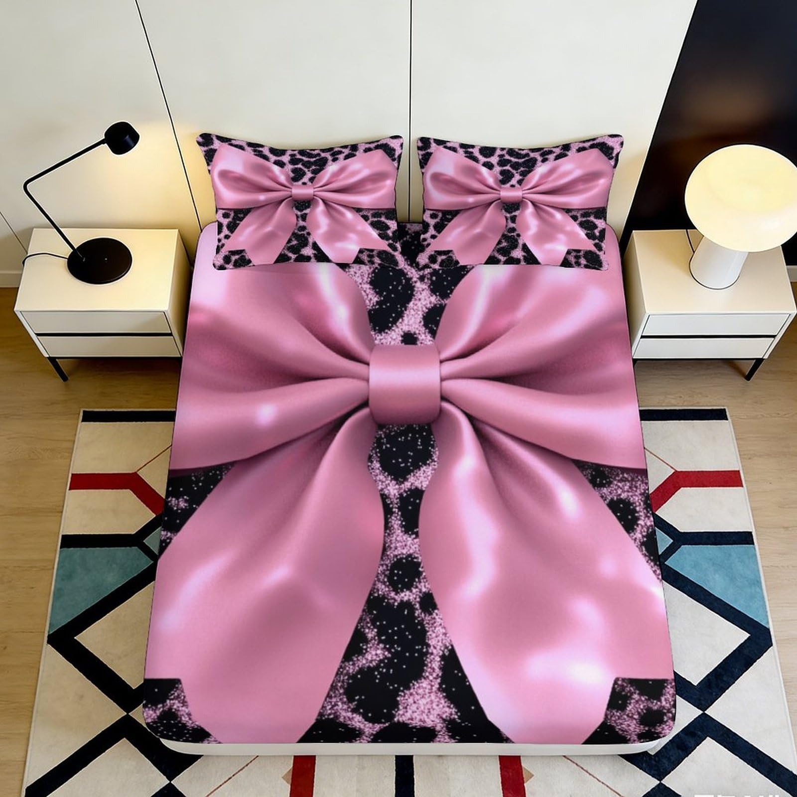 3D Printed Bow Leopard Fitted Sheet Microfiber Deep Pocket Non-Slip Bedroom Bedding Bow Mattress Fitted Cover Washable for Adults Teens 140x200x25cm