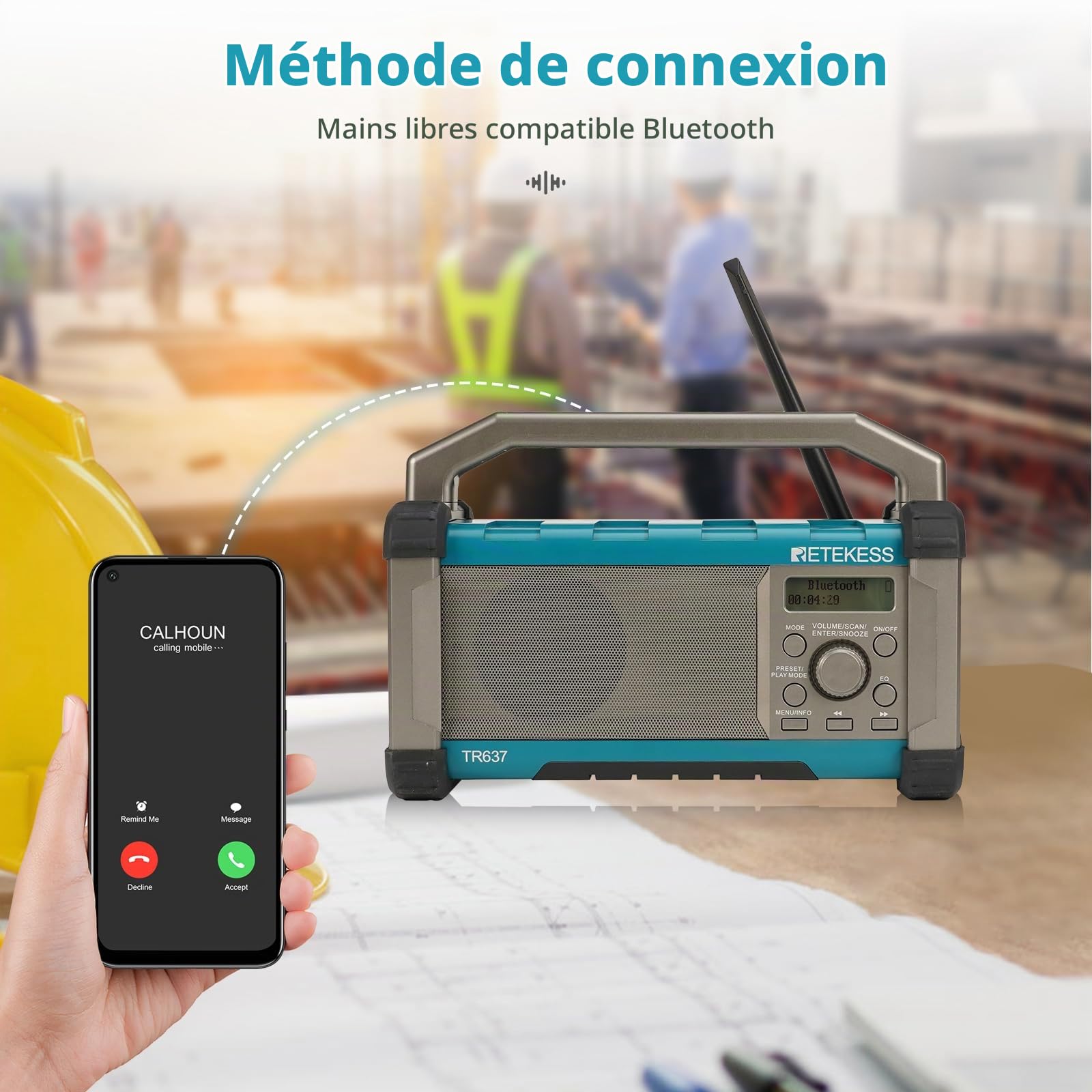 Retekess TR637 Radio de Chantier, Radios Portable | pour Chantier, Poste de Travail, FM/AM, 5000mAh Batterie, Étanche, Résistant aux Chutes, Port USB, Poignée