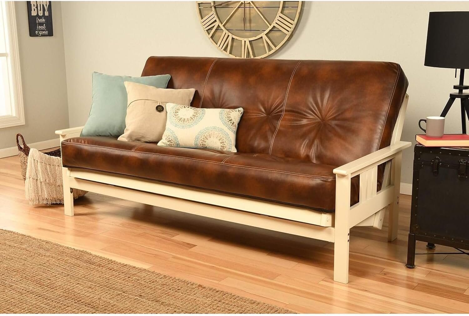 HomeStock Full Size Futon Frame with Mattress - Convertible Sofa Bed - Antique White Oregon Trail Saddle/Without Storage Drawers