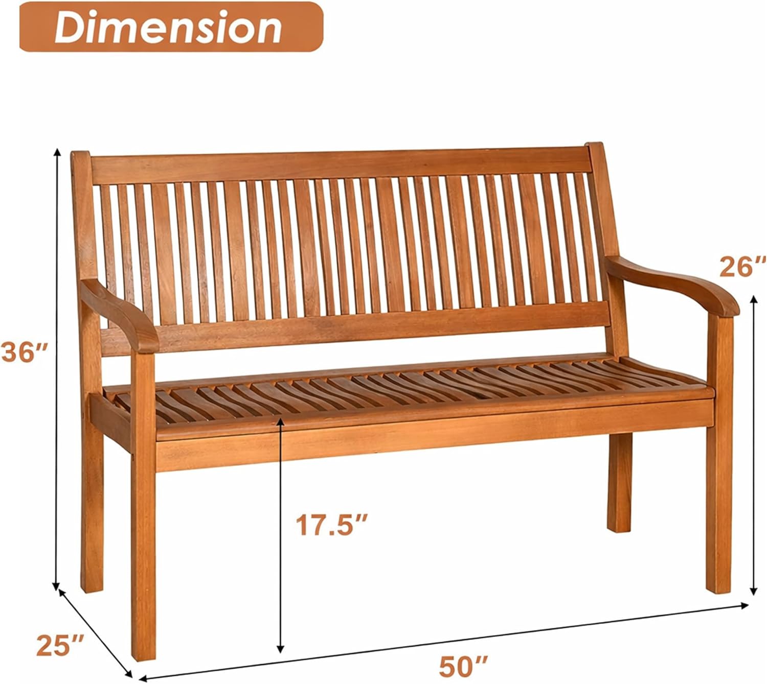 50 Inch Rectangular Outdoor Wood Bench | Eucalyptus Garden Bench with 710 lb Capacity | 2-Person Porch Loveseat with Curved Armrests & Ergonomic Backrest for Patio & Daily Use, Teak