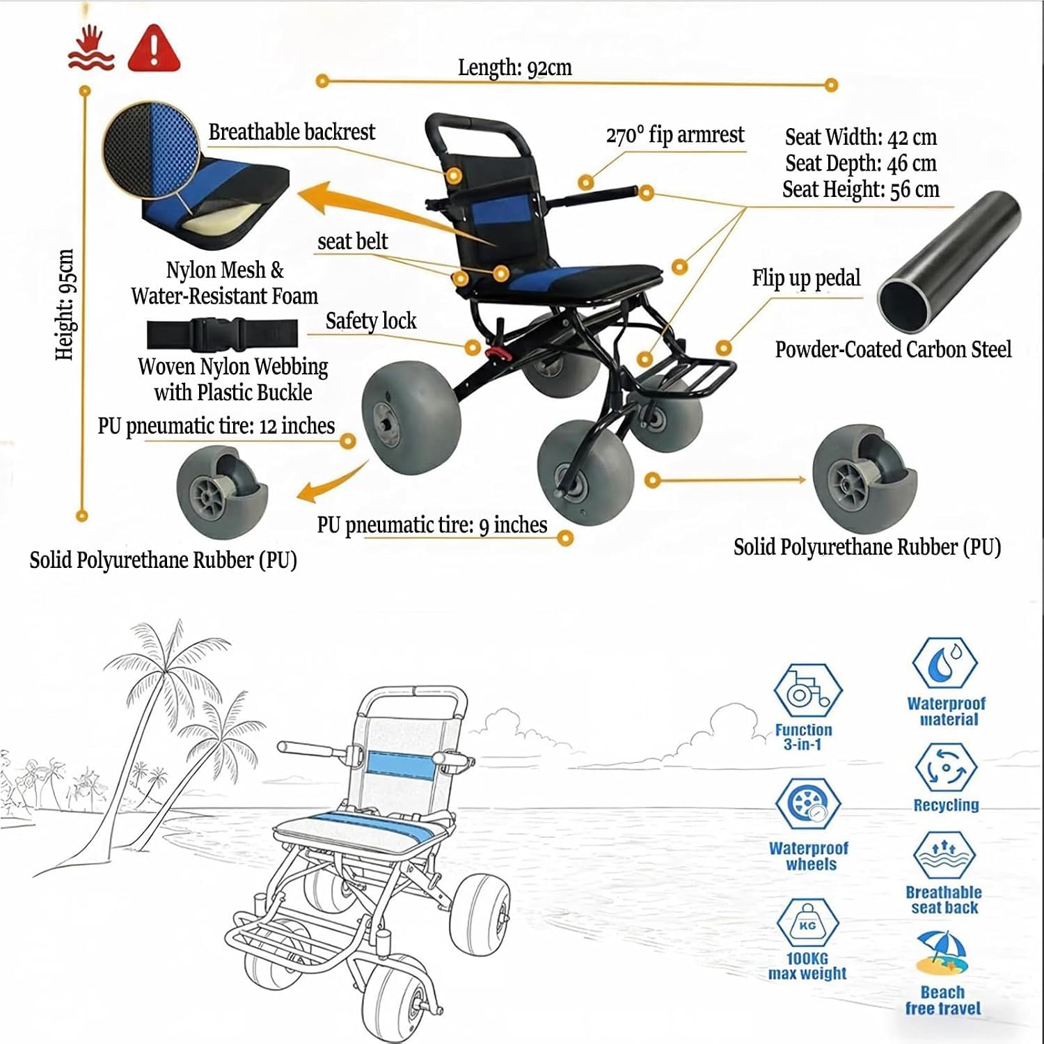 Silla De Ruedas Plegable para Playa, Silla De Ruedas Ligera para Personas Mayores Y Niños, Silla De Ruedas Todoterreno, con Neumáticos Anchos De 12" Y 9", Capacidad De 130 Libras para