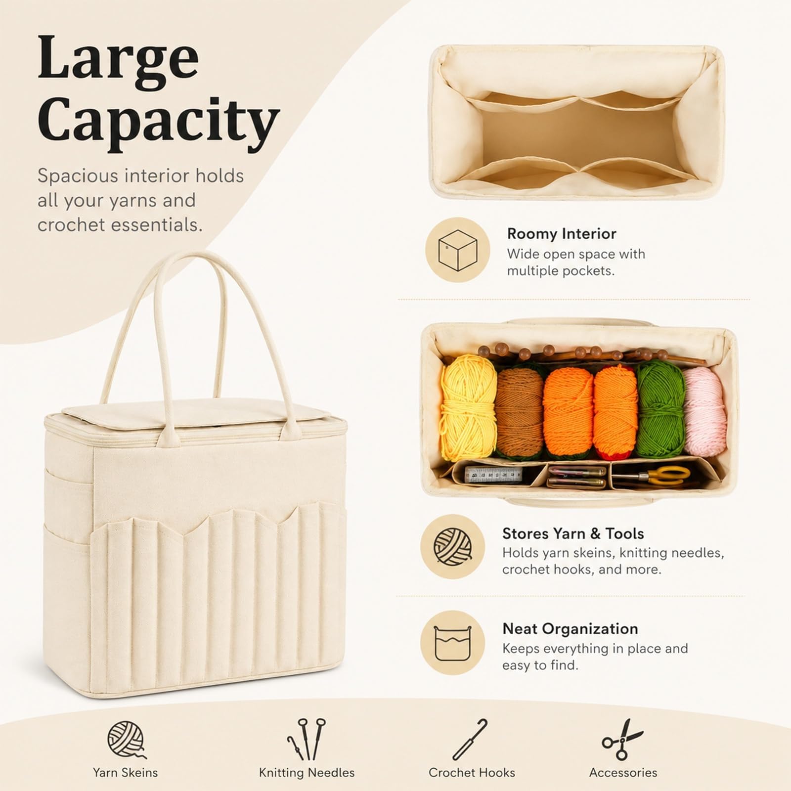 Bolsa de Tejer Lona Almacenamiento Hilo con Parche Cuero | Bolsa Grande Hilo de Lona for Tejer A Ganchillo Organizador de Ganchillo con Múltiples Bolsillos(Black)