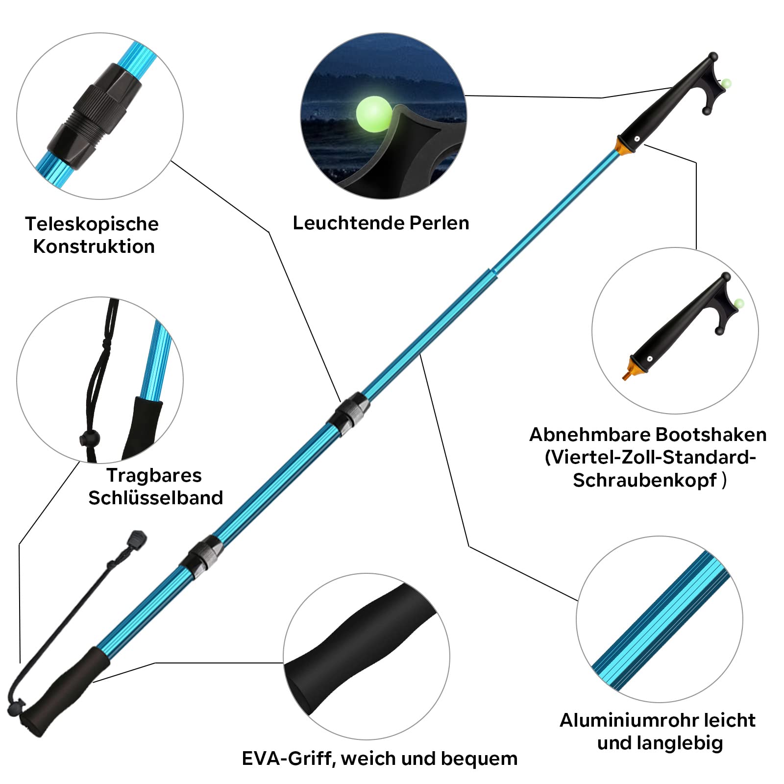 Gancio Telescopico Per Barche KOMCLUB 64-134cm - Con Perla Luminosa, Manico Antiscivolo E Design Galleggiante, Perfetto Per Ormeggio E Recupero