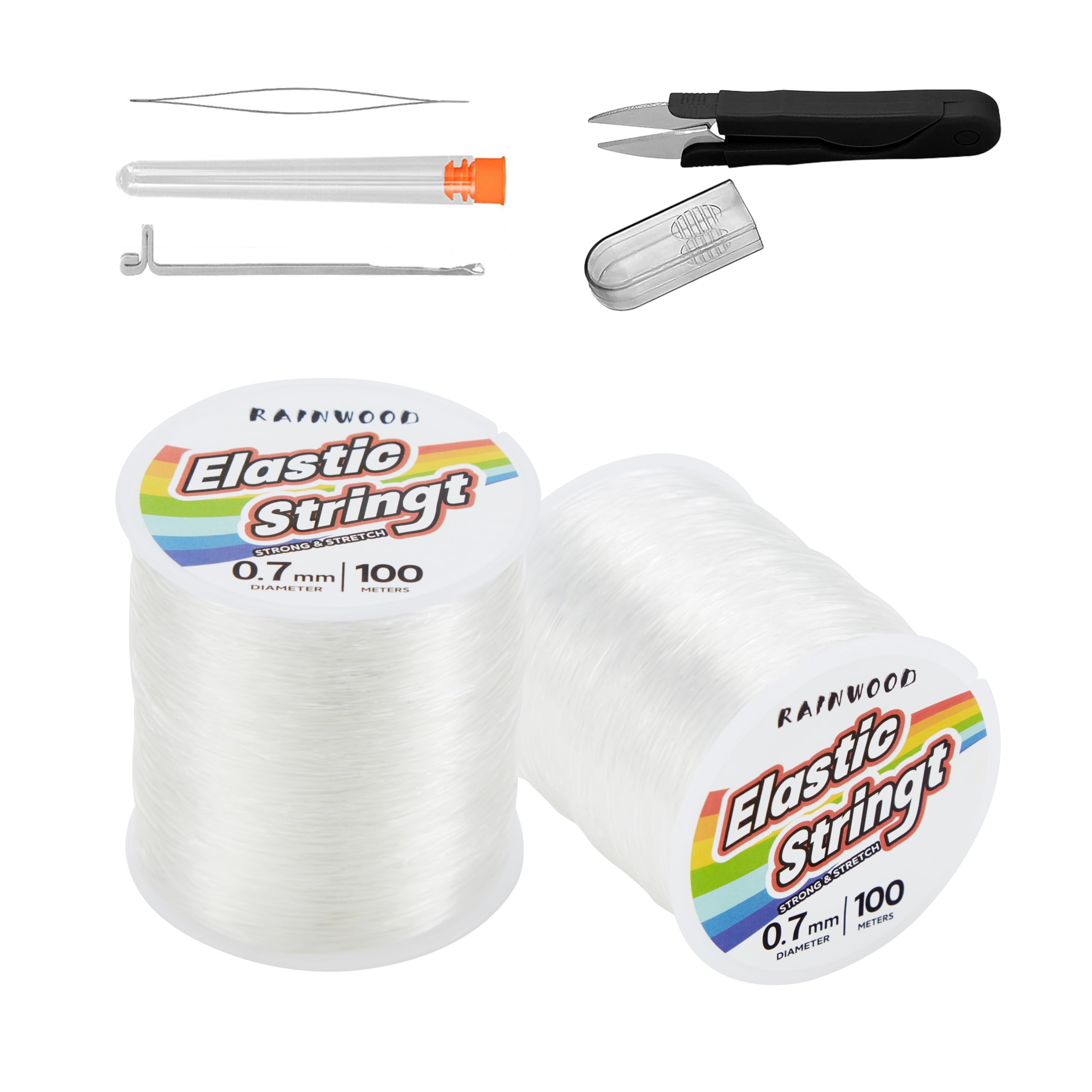 Elastic Bracelet String Cord Kit: 2 Rolls of 200m (0.7mm) Clear Beaded Stretch Cord with Tools