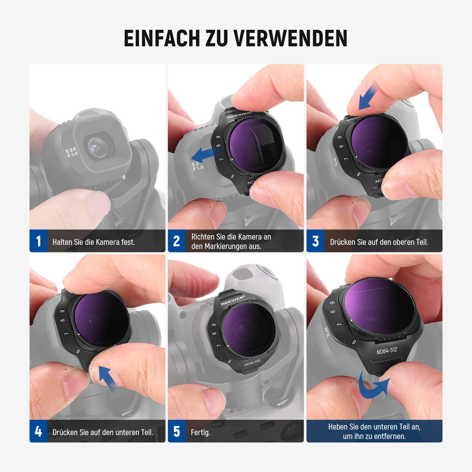 NEEWER Variabler ND Filter Kompatibel mit DJI Mini 5 Pro Drone Kamera, Snap On, Einstellbarer Graufilter (ND64-512, 6-9 Stop), Objektiv Filter aus mehrfach beschichtetem optischem Glas, Foto Zubehör