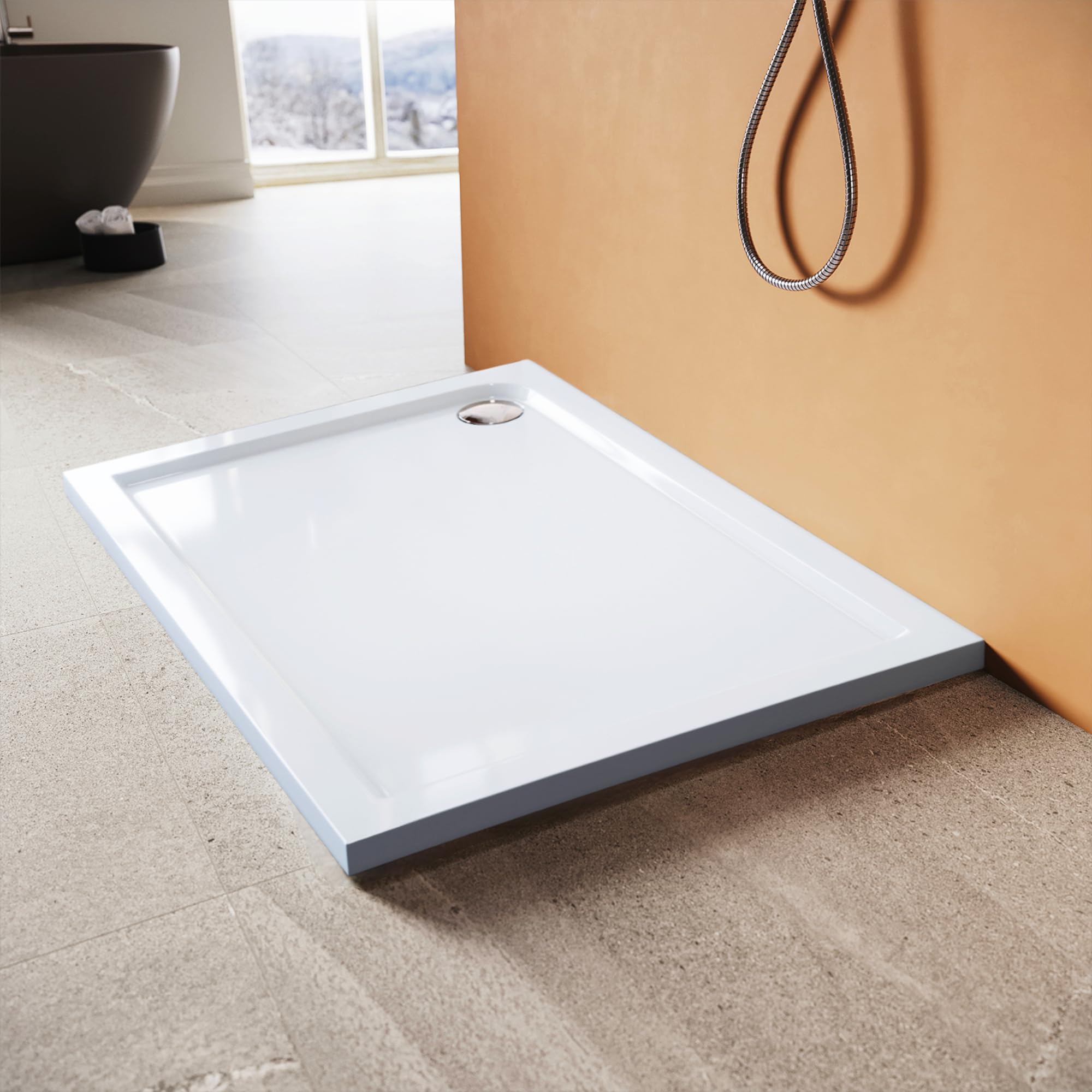 Plato de ducha 120 x 80 cm rectangular de acrílico en color blanco, plato de ducha plano, plato de ducha completo, incluye desagüe Ø 90 mm