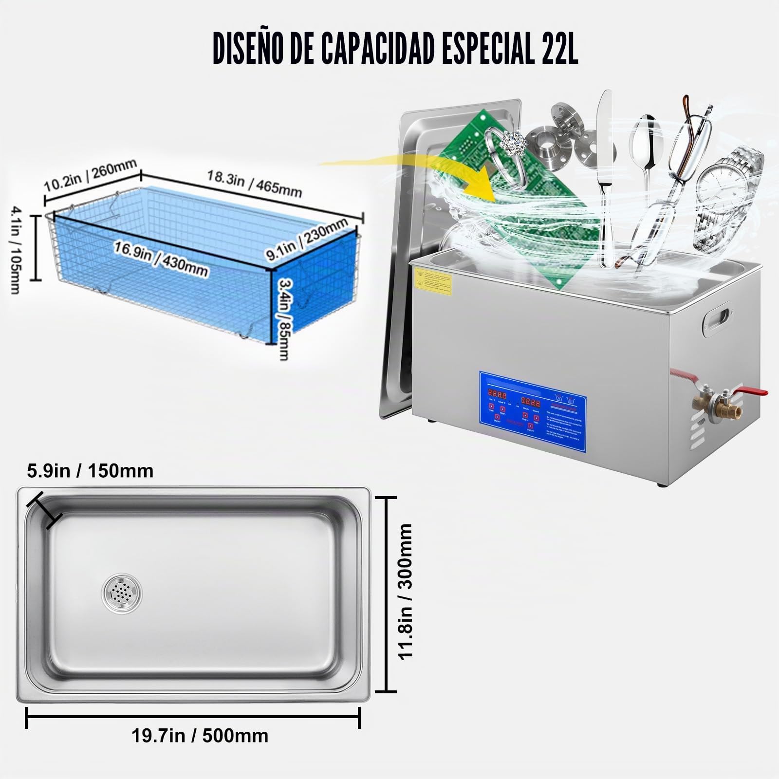 VEVOR Limpiador ultrasónico, 22L Limpiador Ultrasonidos Profesional de Acero Inoxidable, 480W Máquina de Ultrasonido con Temporizador Digital, Temperatura Ajustable, para Joyas, Relojes, Laboratorio