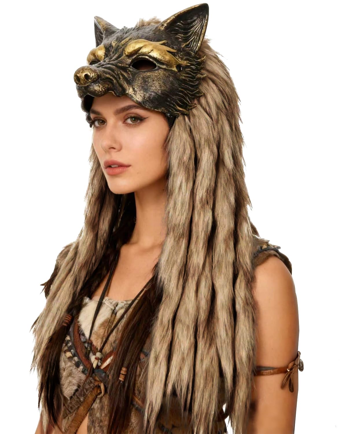 L'VOW Viking Fur Wolf Mask Werewolf Cosplay Barbarian Headress, Brown-2